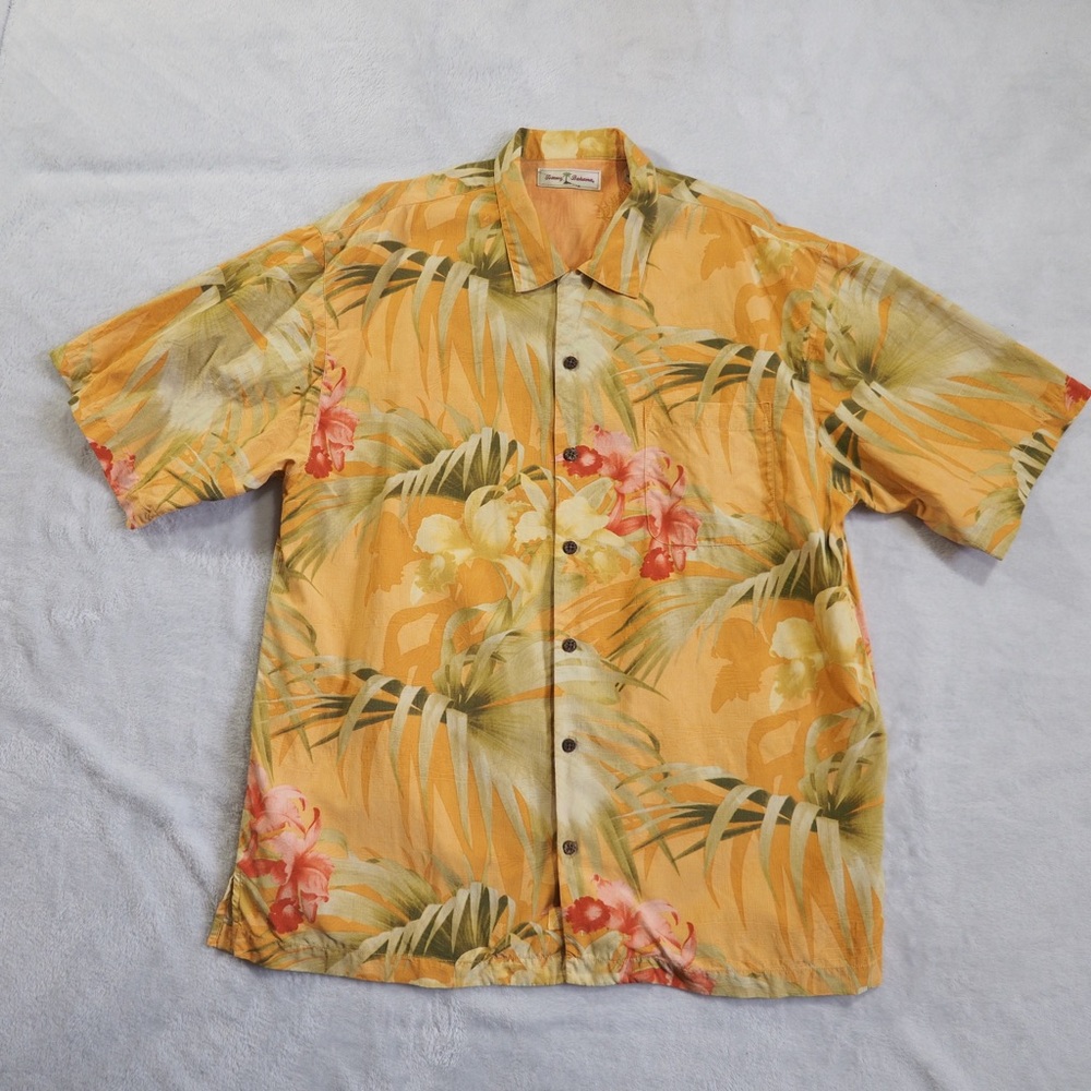 Tommy Bahama Sz L 100% Silk Yellow Tropical Floral Button-Down Shirt